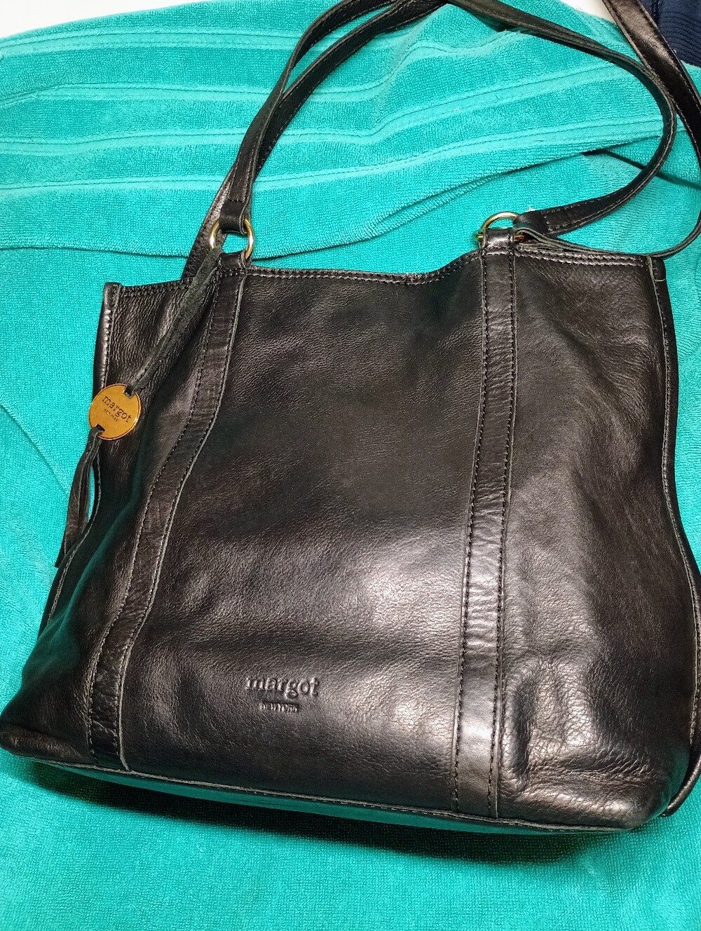Margot Black Leather Shoulder Tote with Brass Accent